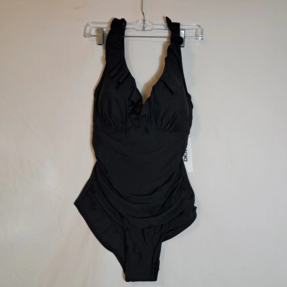 DKNY Ruffled Plunge V-Neck One Piece Women's Size Large Black NEW $79.99 - Picture 3 of 11